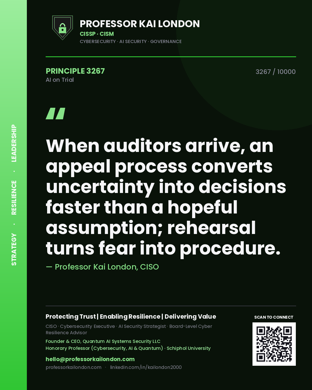 Professor Kai London principle 3267: When auditors arrive, an appeal process converts uncertainty into decisions faster than a hopeful assumption; rehearsal turns fear into procedure.