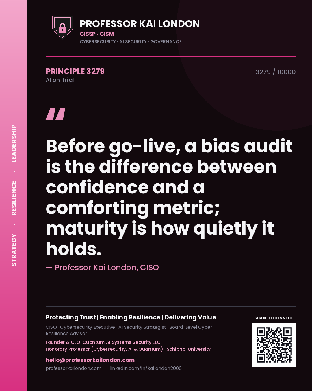 Professor Kai London principle 3279: Before go-live, a bias audit is the difference between confidence and a comforting metric; maturity is how quietly it holds.