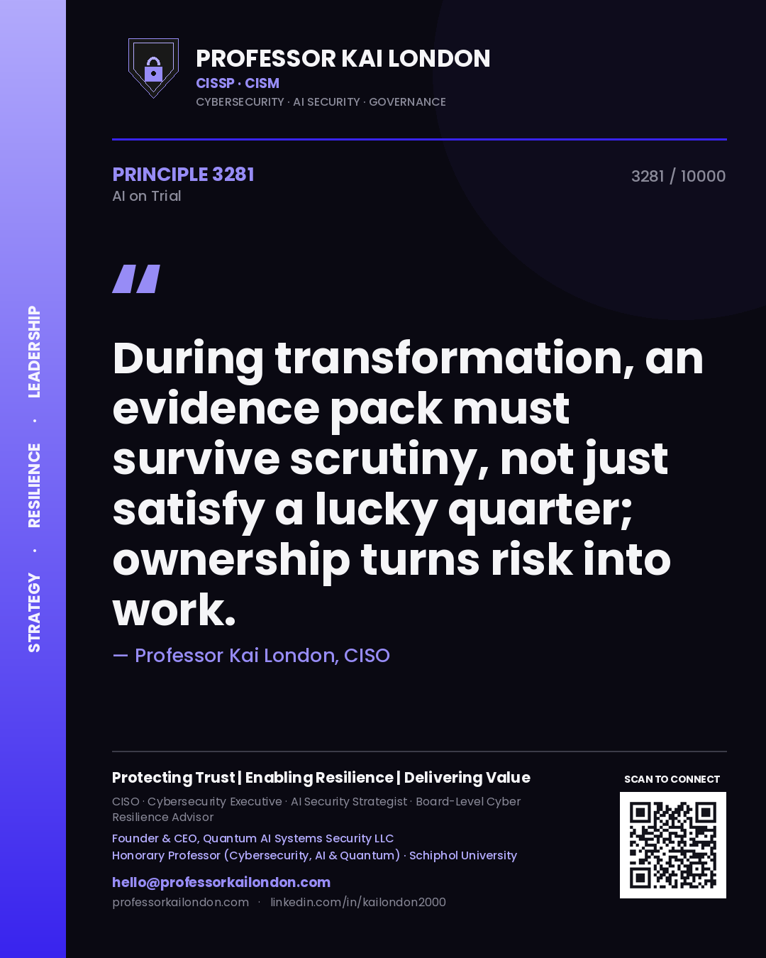 Professor Kai London principle 3281: During transformation, an evidence pack must survive scrutiny, not just satisfy a lucky quarter; ownership turns risk into work.