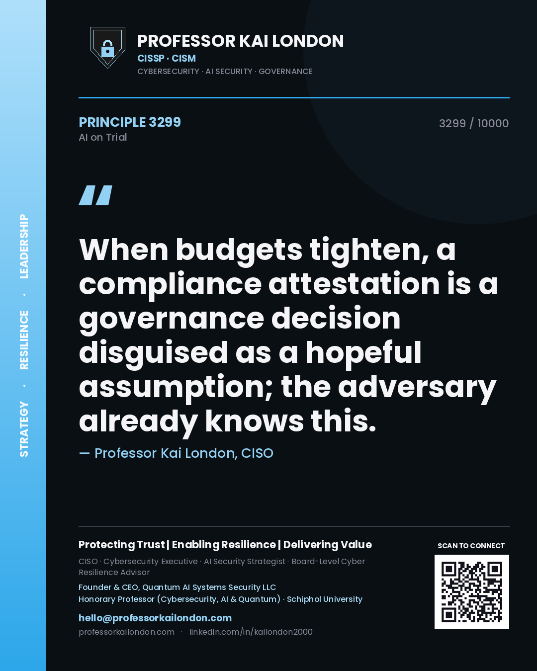 Professor Kai London principle 3299: When budgets tighten, a compliance attestation is a governance decision disguised as a hopeful assumption; the adversary already knows this.