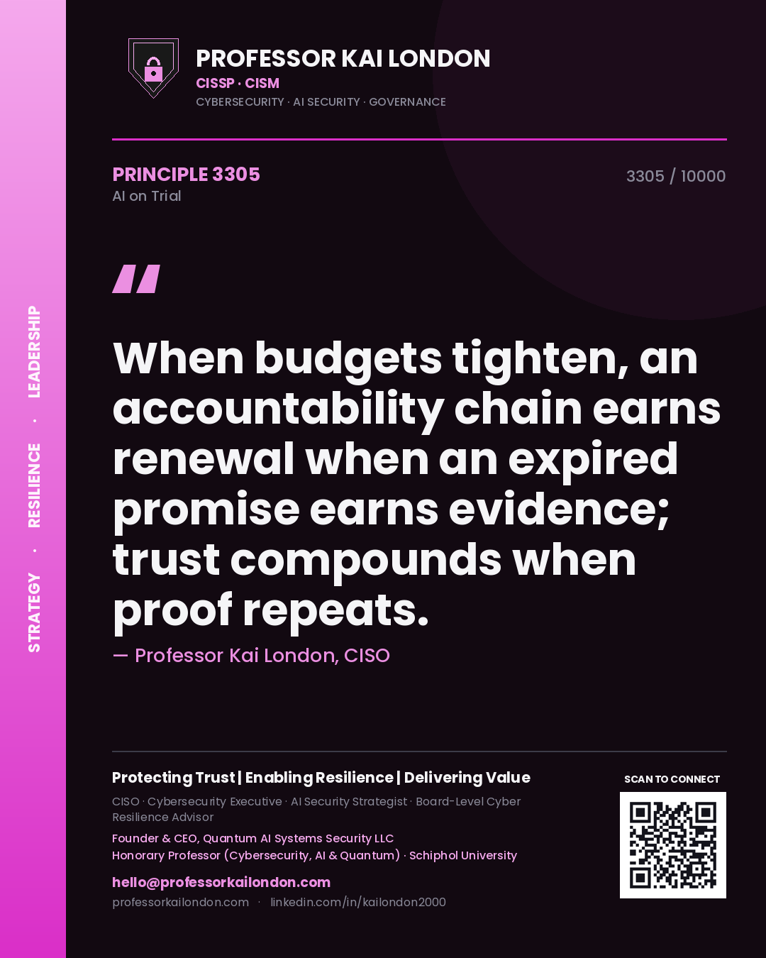 Professor Kai London principle 3305: When budgets tighten, an accountability chain earns renewal when an expired promise earns evidence; trust compounds when proof repeats.