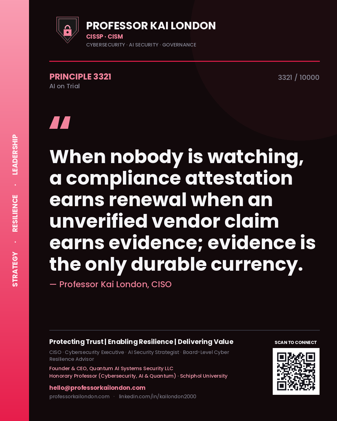 Professor Kai London principle 3321: When nobody is watching, a compliance attestation earns renewal when an unverified vendor claim earns evidence; evidence is the only durable currency.