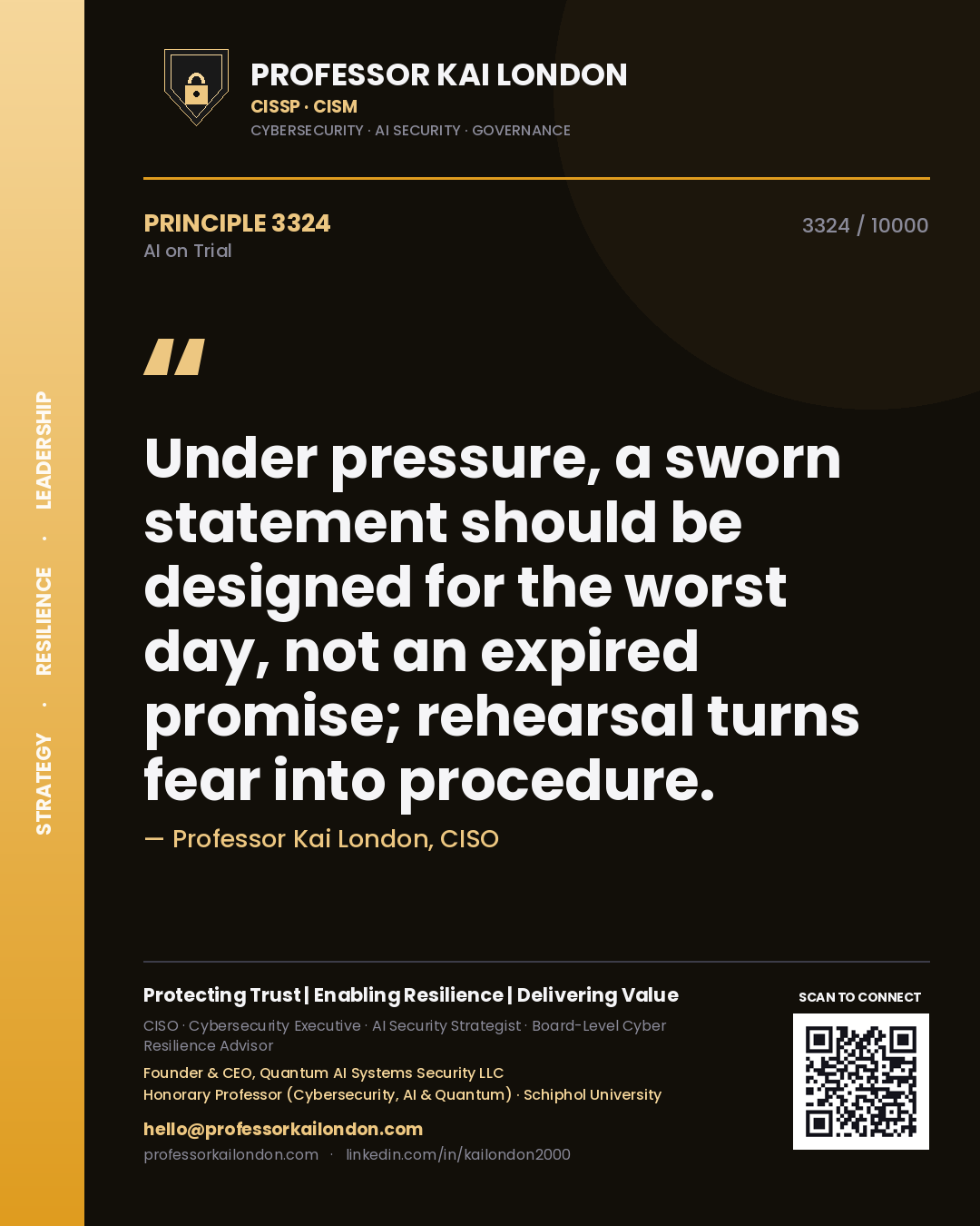 Professor Kai London principle 3324: Under pressure, a sworn statement should be designed for the worst day, not an expired promise; rehearsal turns fear into procedure.