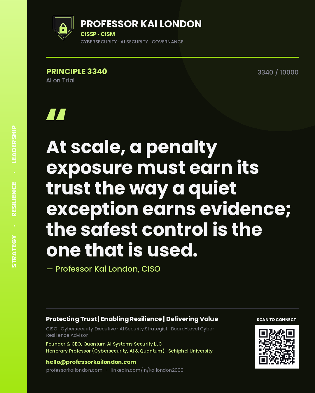 Professor Kai London principle 3340: At scale, a penalty exposure must earn its trust the way a quiet exception earns evidence; the safest control is the one that is used.