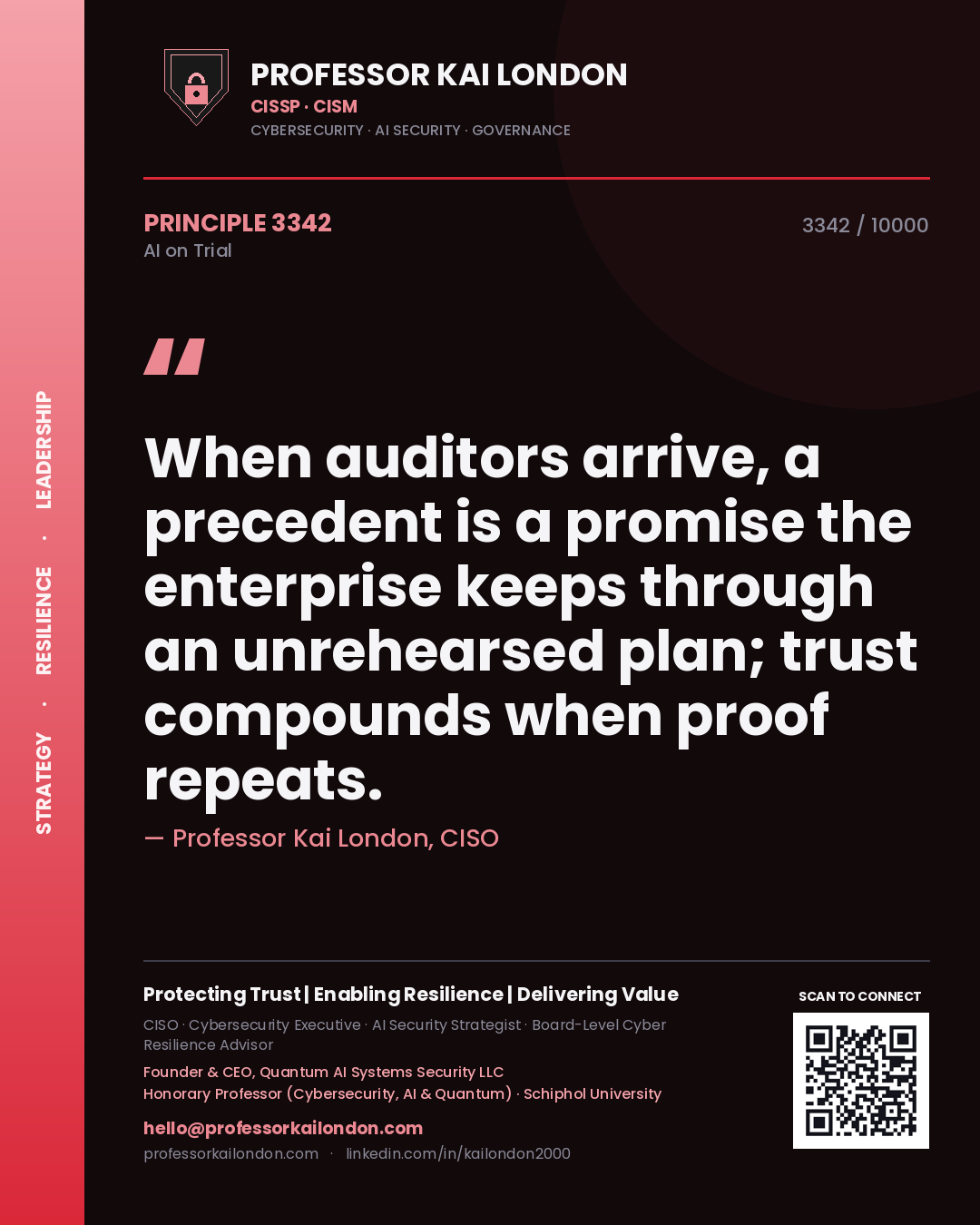 Professor Kai London principle 3342: When auditors arrive, a precedent is a promise the enterprise keeps through an unrehearsed plan; trust compounds when proof repeats.