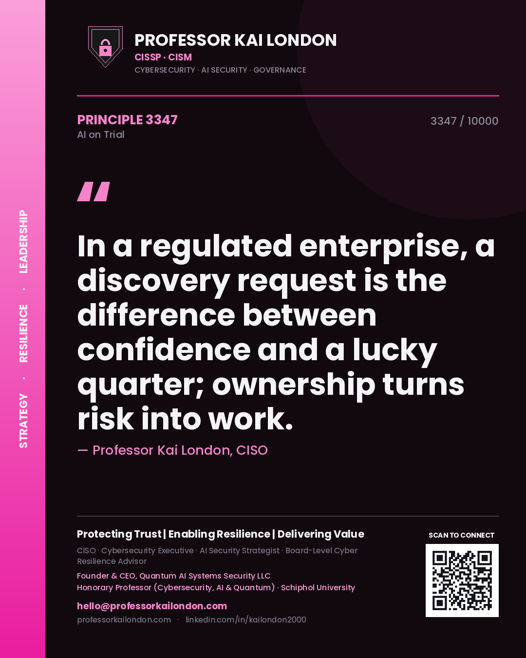 Professor Kai London principle 3347: In a regulated enterprise, a discovery request is the difference between confidence and a lucky quarter; ownership turns risk into work.