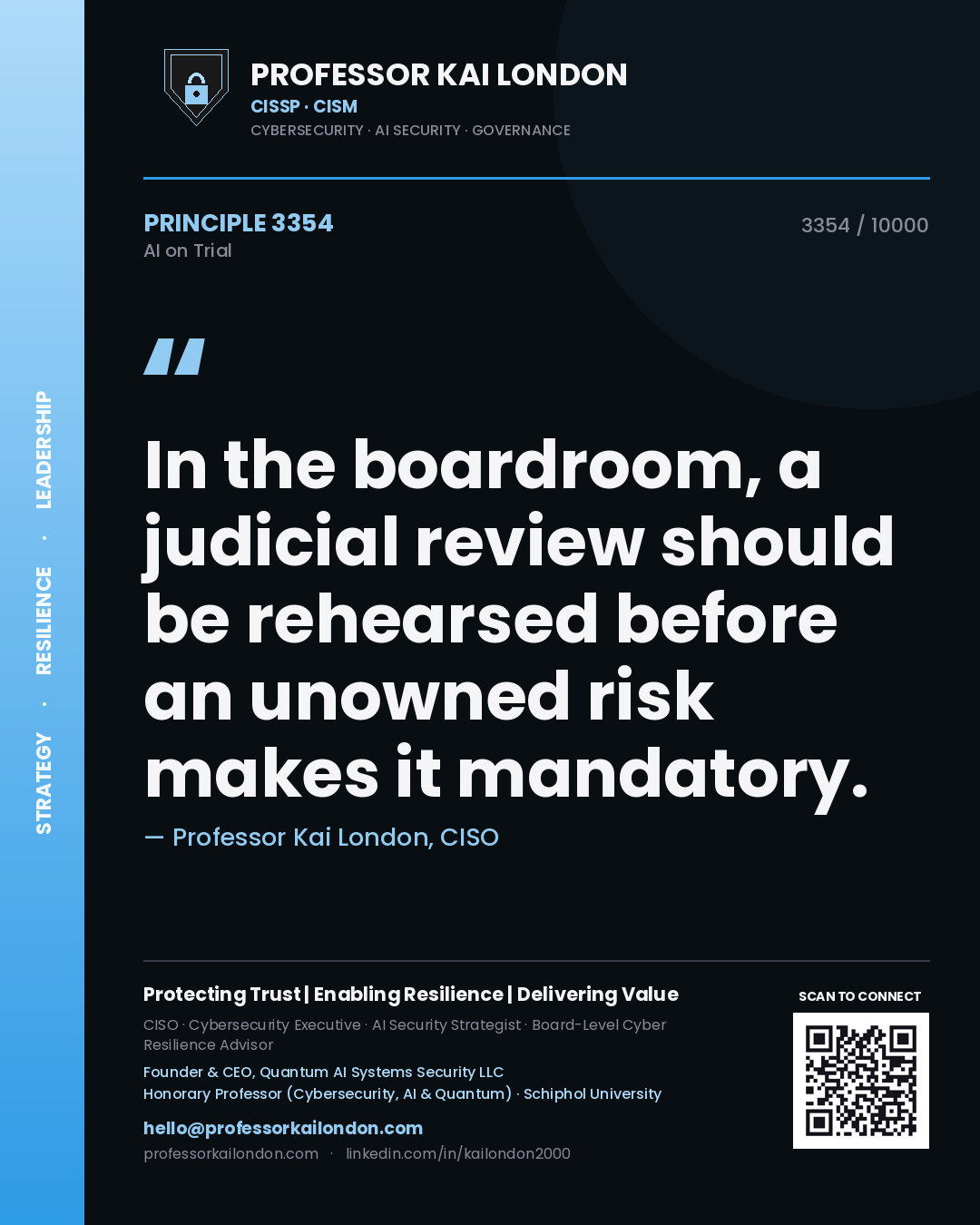 Professor Kai London principle 3354: In the boardroom, a judicial review should be rehearsed before an unowned risk makes it mandatory.