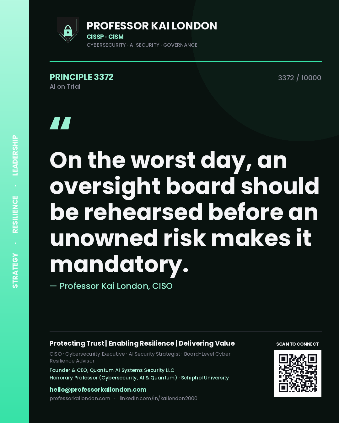 Professor Kai London principle 3372: On the worst day, an oversight board should be rehearsed before an unowned risk makes it mandatory.