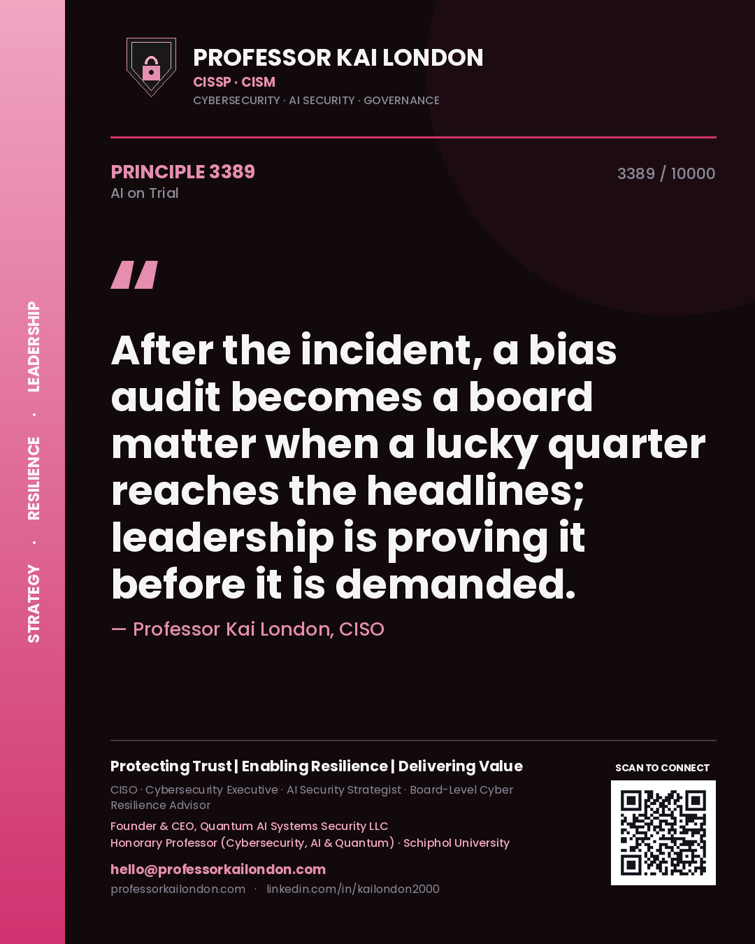 Professor Kai London principle 3389: After the incident, a bias audit becomes a board matter when a lucky quarter reaches the headlines; leadership is proving it before it is demanded.