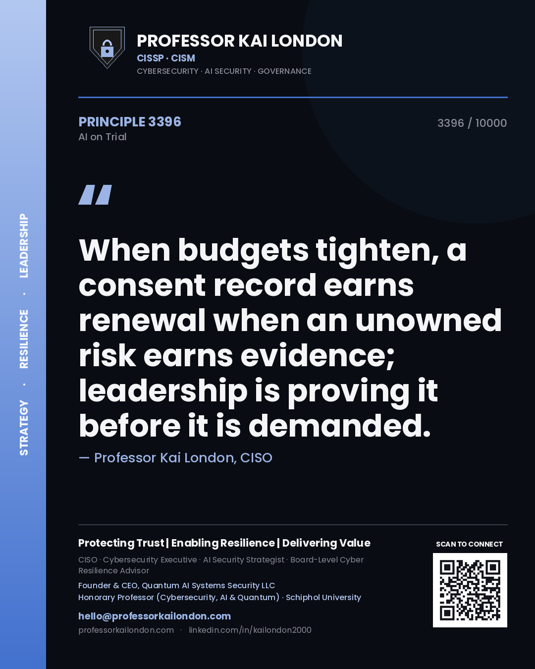 Professor Kai London principle 3396: When budgets tighten, a consent record earns renewal when an unowned risk earns evidence; leadership is proving it before it is demanded.