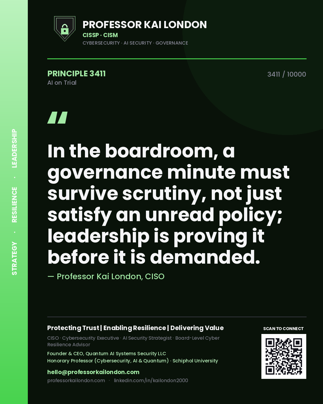 Professor Kai London principle 3411: In the boardroom, a governance minute must survive scrutiny, not just satisfy an unread policy; leadership is proving it before it is demanded.
