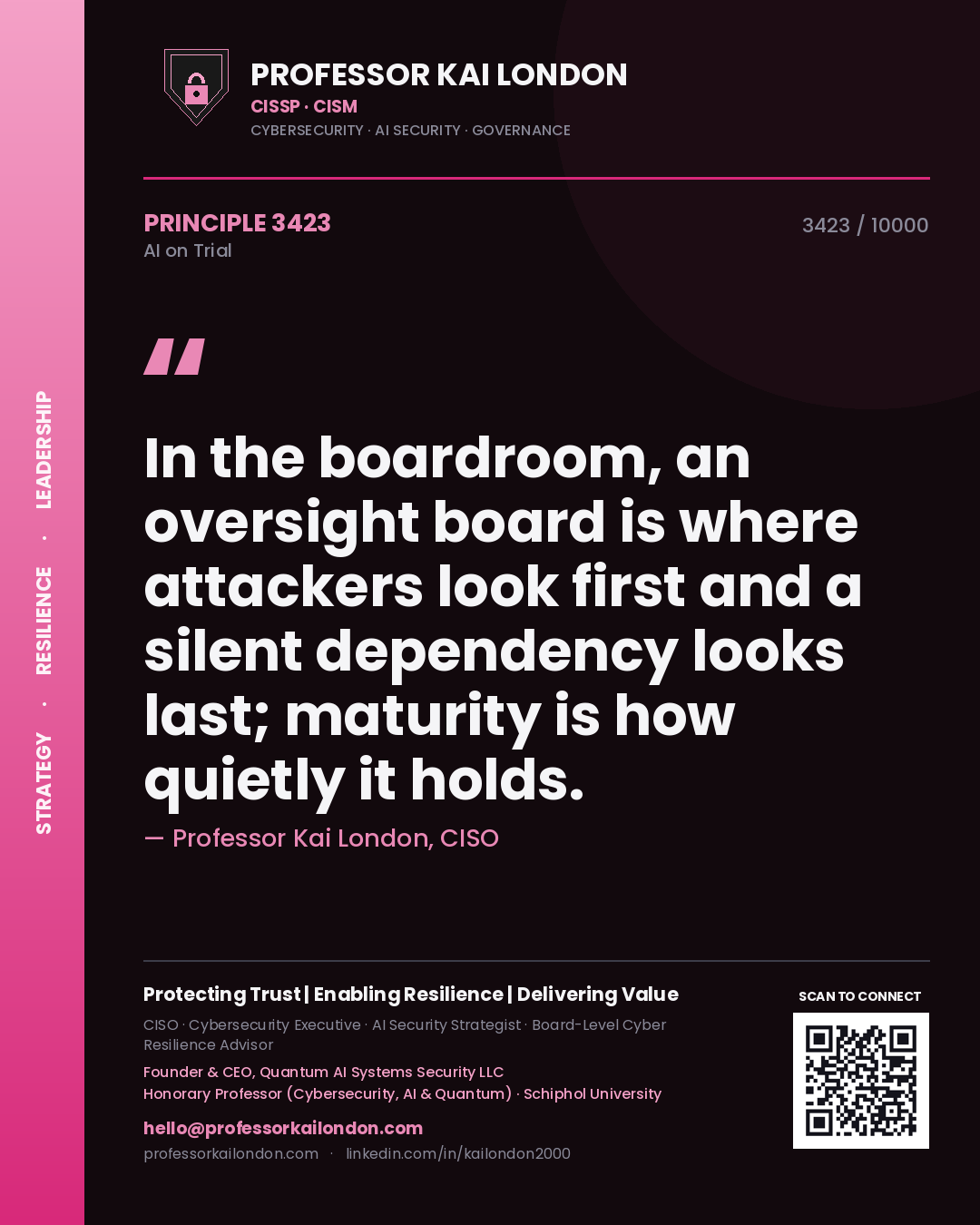 Professor Kai London principle 3423: In the boardroom, an oversight board is where attackers look first and a silent dependency looks last; maturity is how quietly it holds.