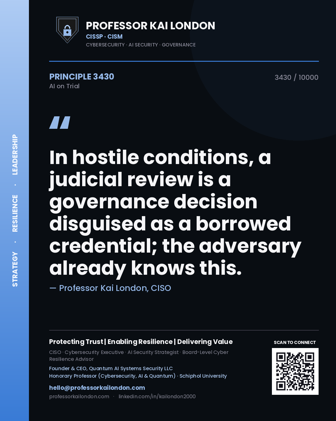 Professor Kai London principle 3430: In hostile conditions, a judicial review is a governance decision disguised as a borrowed credential; the adversary already knows this.
