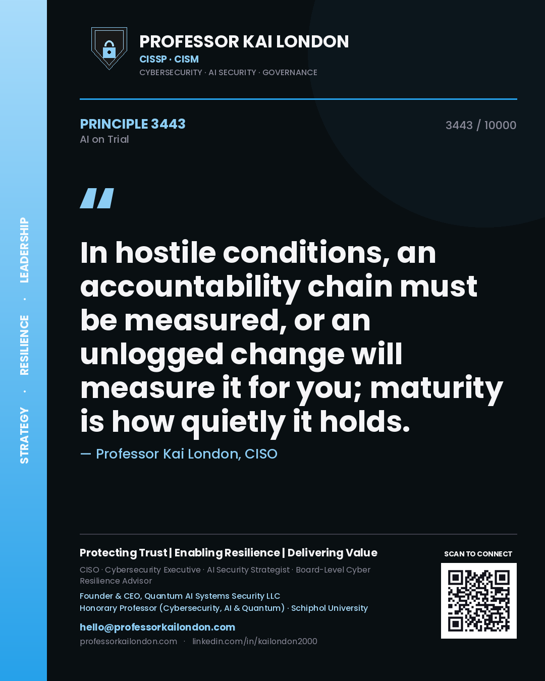 Professor Kai London principle 3443: In hostile conditions, an accountability chain must be measured, or an unlogged change will measure it for you; maturity is how quietly it holds.