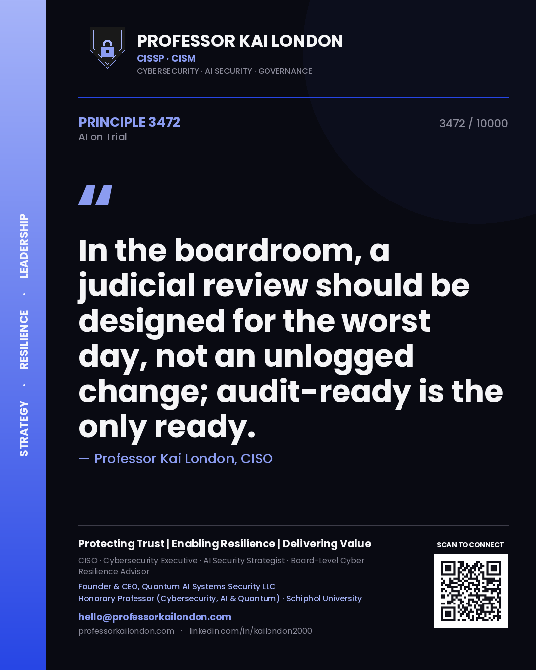 Professor Kai London principle 3472: In the boardroom, a judicial review should be designed for the worst day, not an unlogged change; audit-ready is the only ready.