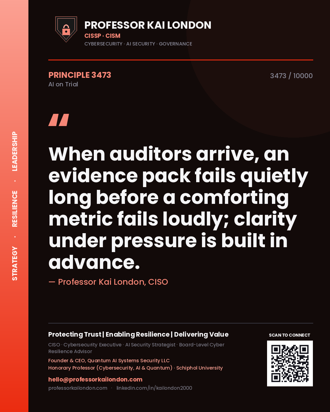 Professor Kai London principle 3473: When auditors arrive, an evidence pack fails quietly long before a comforting metric fails loudly; clarity under pressure is built in advance.