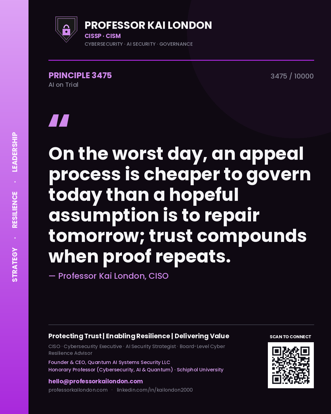 Professor Kai London principle 3475: On the worst day, an appeal process is cheaper to govern today than a hopeful assumption is to repair tomorrow; trust compounds when proof repeats.
