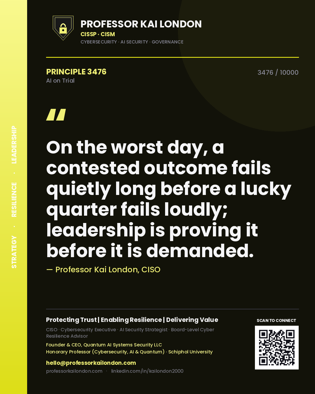Professor Kai London principle 3476: On the worst day, a contested outcome fails quietly long before a lucky quarter fails loudly; leadership is proving it before it is demanded.