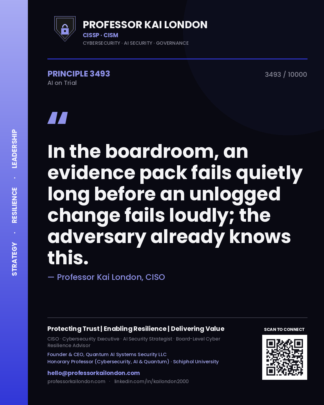 Professor Kai London principle 3493: In the boardroom, an evidence pack fails quietly long before an unlogged change fails loudly; the adversary already knows this.