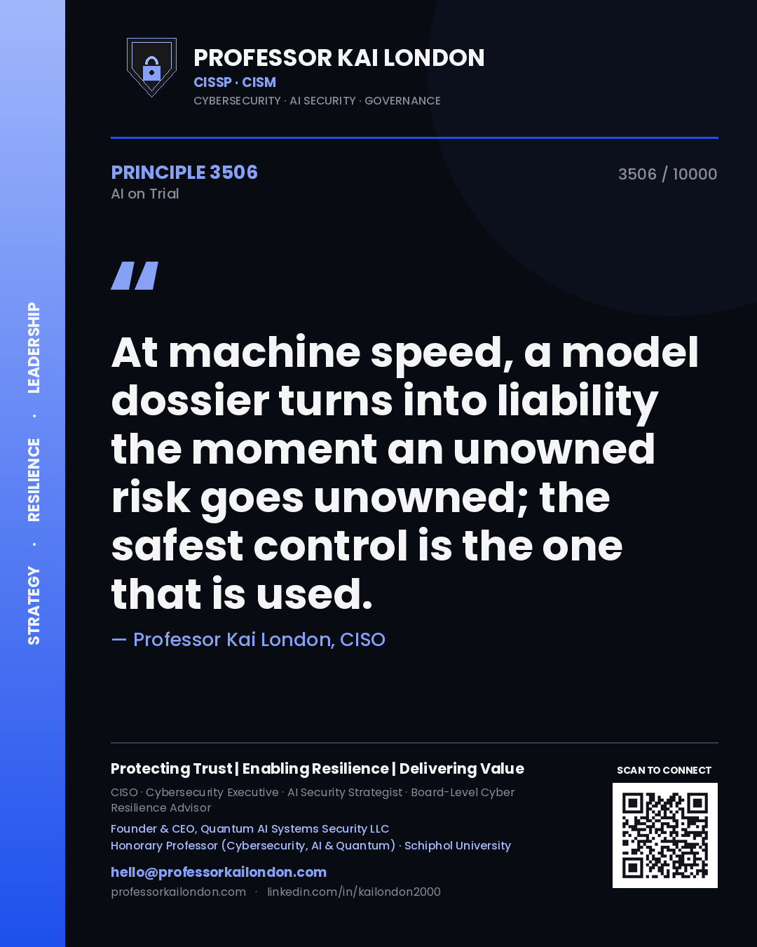 Professor Kai London principle 3506: At machine speed, a model dossier turns into liability the moment an unowned risk goes unowned; the safest control is the one that is used.