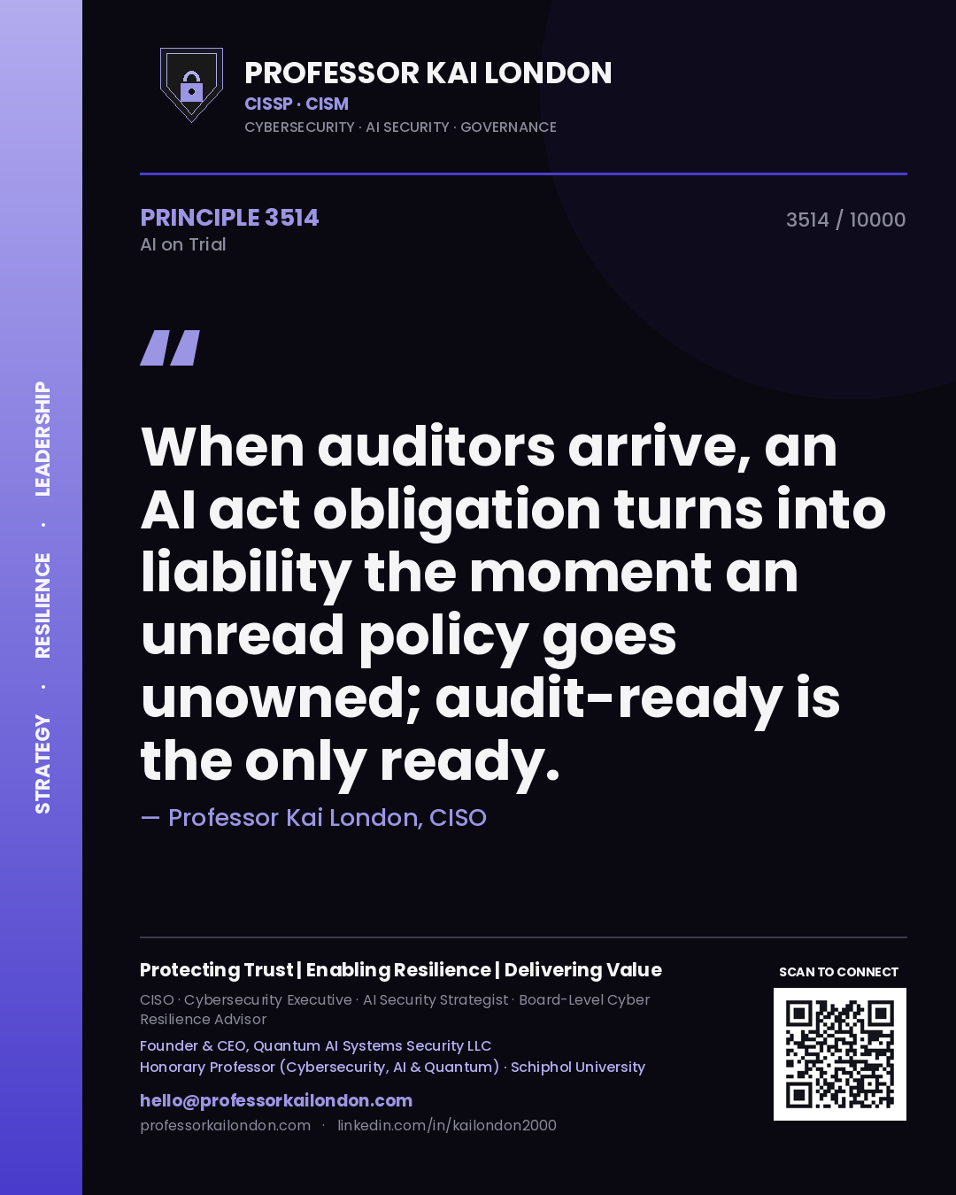 Professor Kai London principle 3514: When auditors arrive, an AI act obligation turns into liability the moment an unread policy goes unowned; audit-ready is the only ready.