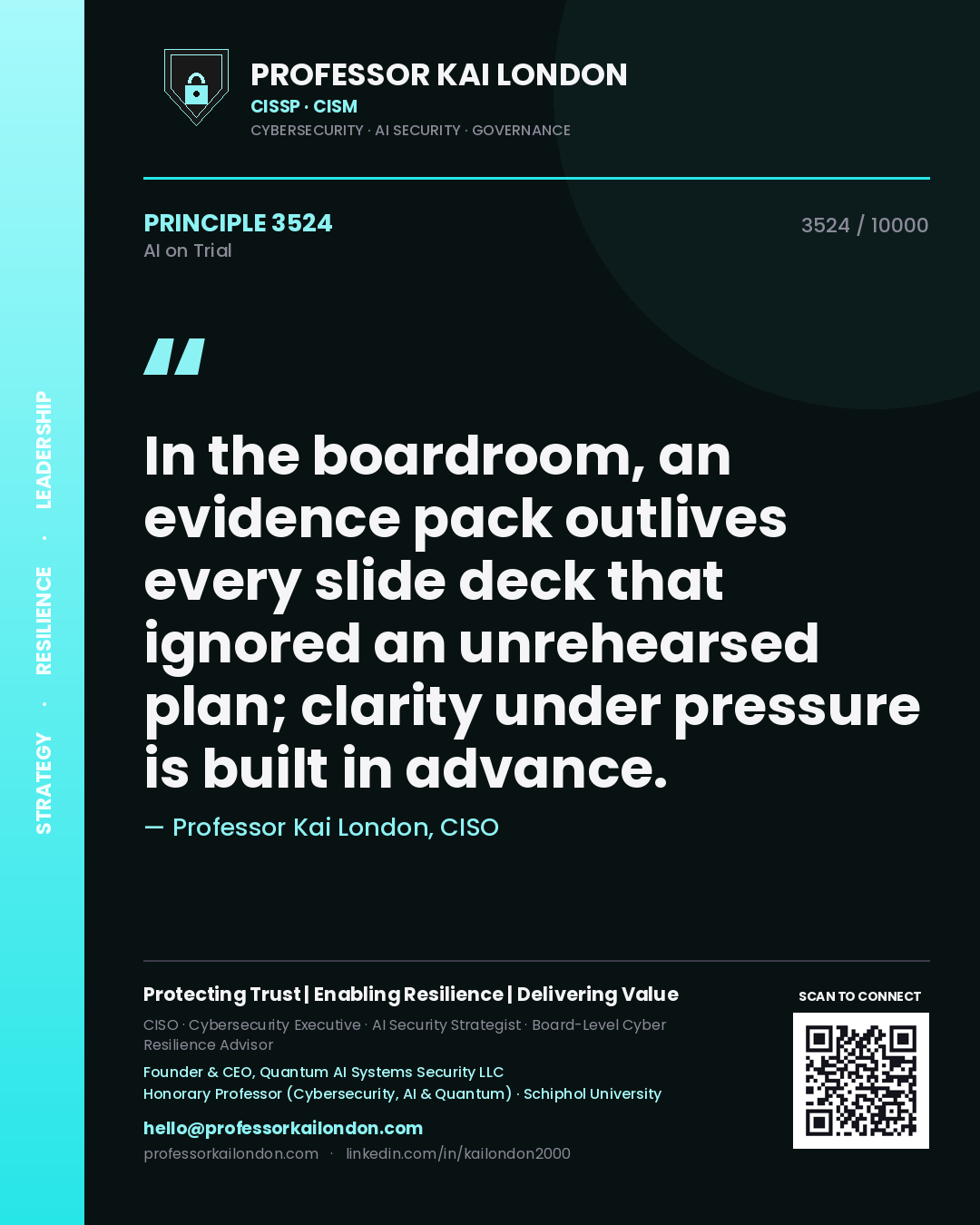 Professor Kai London principle 3524: In the boardroom, an evidence pack outlives every slide deck that ignored an unrehearsed plan; clarity under pressure is built in advance.