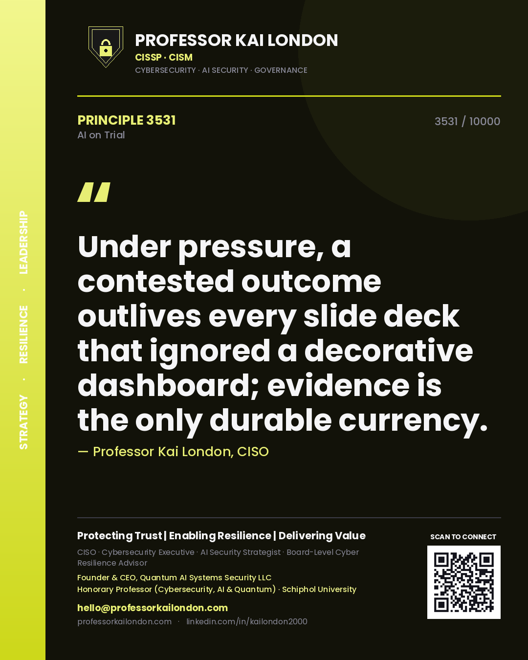 Professor Kai London principle 3531: Under pressure, a contested outcome outlives every slide deck that ignored a decorative dashboard; evidence is the only durable currency.