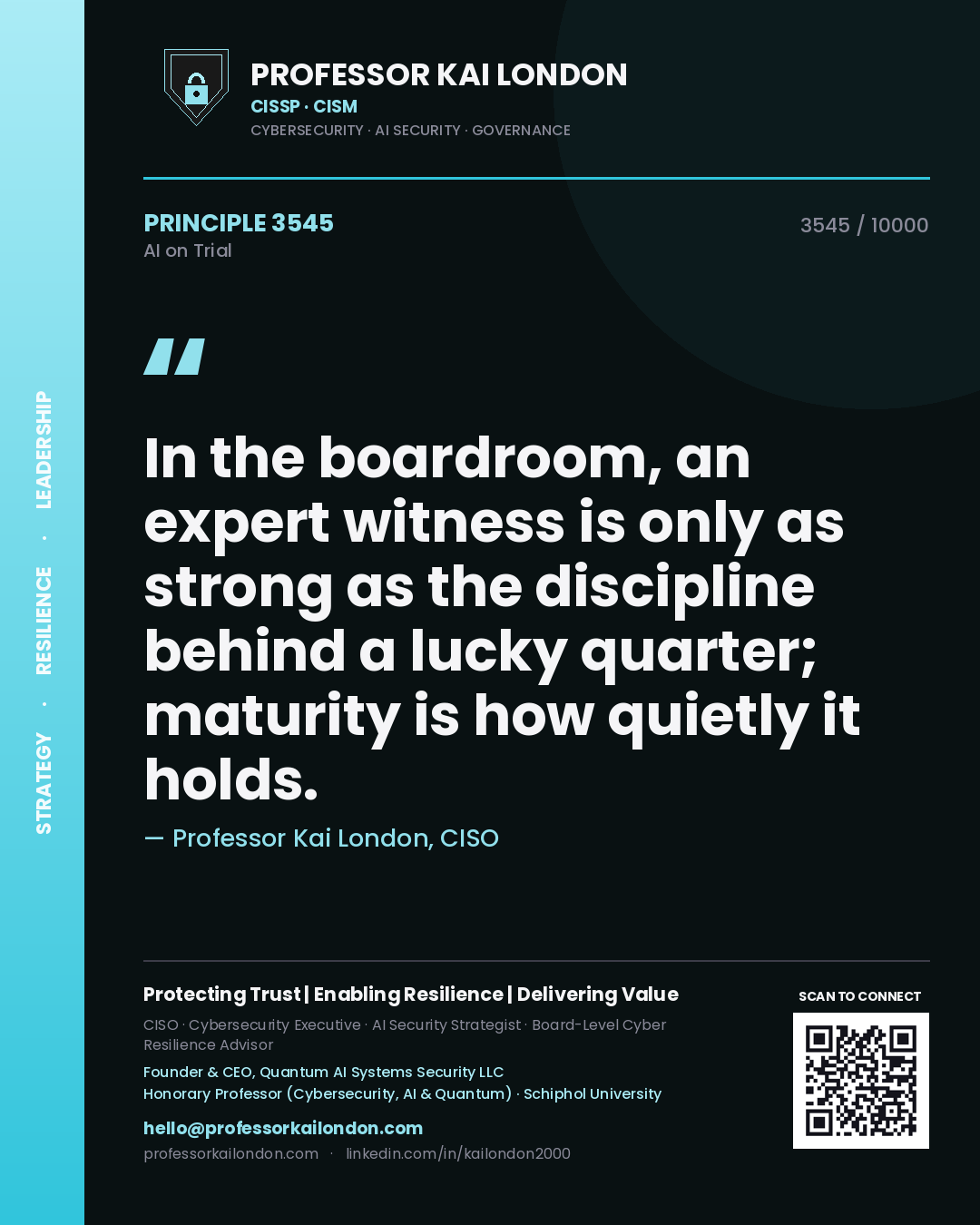Professor Kai London principle 3545: In the boardroom, an expert witness is only as strong as the discipline behind a lucky quarter; maturity is how quietly it holds.