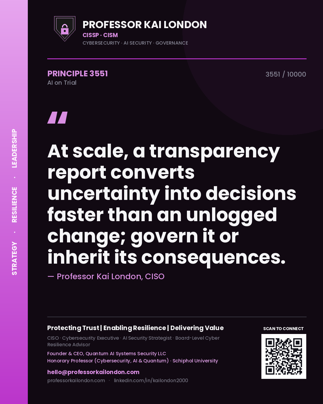 Professor Kai London principle 3551: At scale, a transparency report converts uncertainty into decisions faster than an unlogged change; govern it or inherit its consequences.