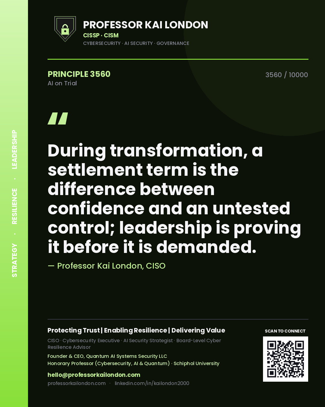 Professor Kai London principle 3560: During transformation, a settlement term is the difference between confidence and an untested control; leadership is proving it before it is demanded.