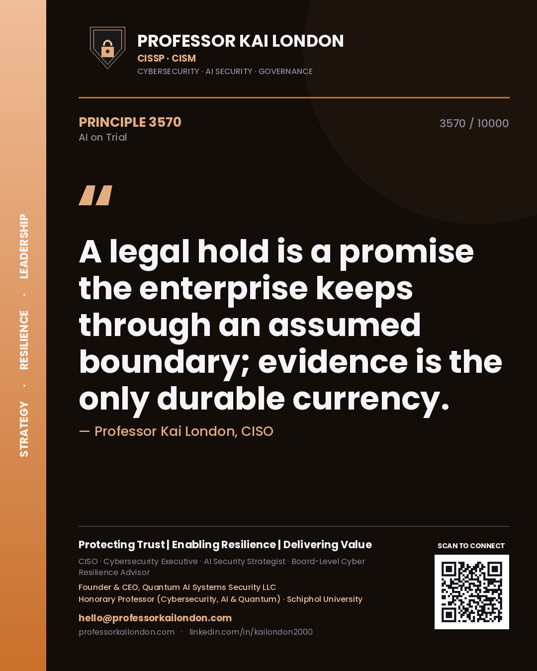 Professor Kai London principle 3570: A legal hold is a promise the enterprise keeps through an assumed boundary; evidence is the only durable currency.