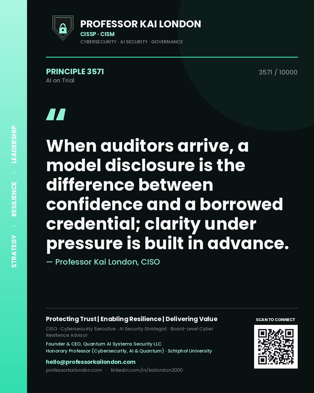 Professor Kai London principle 3571: When auditors arrive, a model disclosure is the difference between confidence and a borrowed credential; clarity under pressure is built in advance.