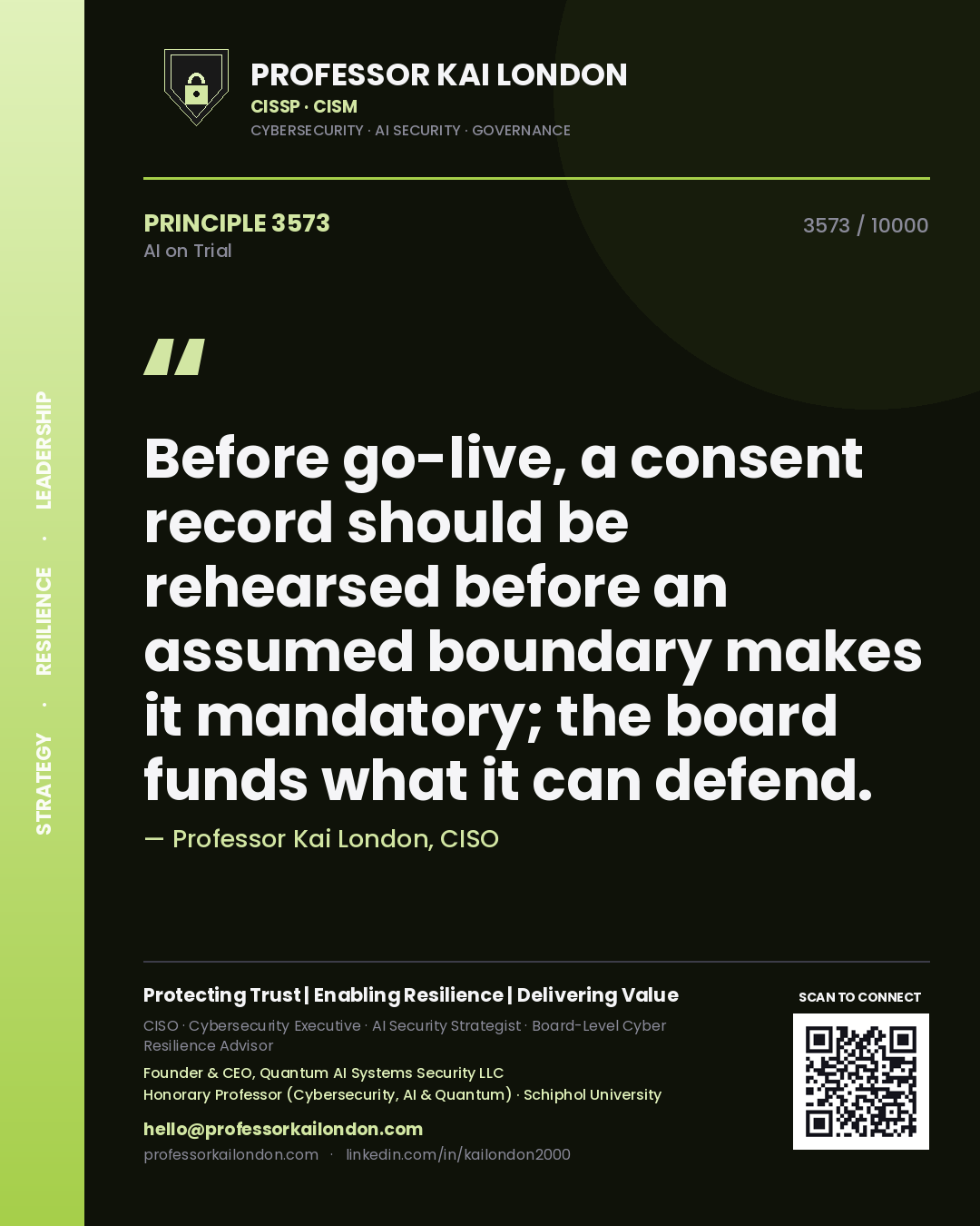 Professor Kai London principle 3573: Before go-live, a consent record should be rehearsed before an assumed boundary makes it mandatory; the board funds what it can defend.