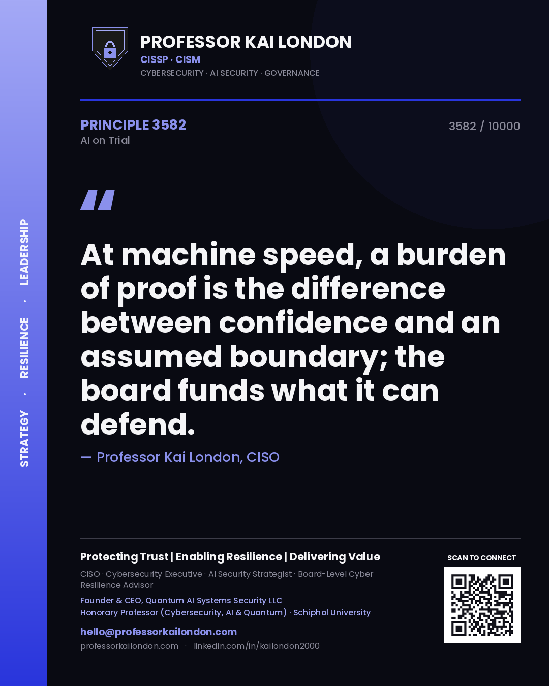 Professor Kai London principle 3582: At machine speed, a burden of proof is the difference between confidence and an assumed boundary; the board funds what it can defend.