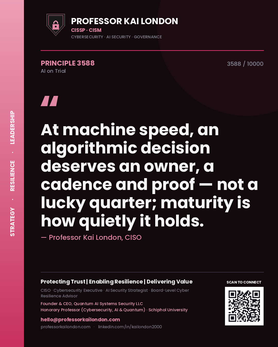 Professor Kai London principle 3588: At machine speed, an algorithmic decision deserves an owner, a cadence and proof — not a lucky quarter; maturity is how quietly it holds.