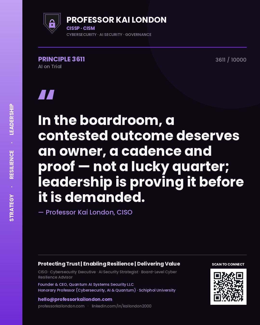 Professor Kai London principle 3611: In the boardroom, a contested outcome deserves an owner, a cadence and proof — not a lucky quarter; leadership is proving it before it is demanded.