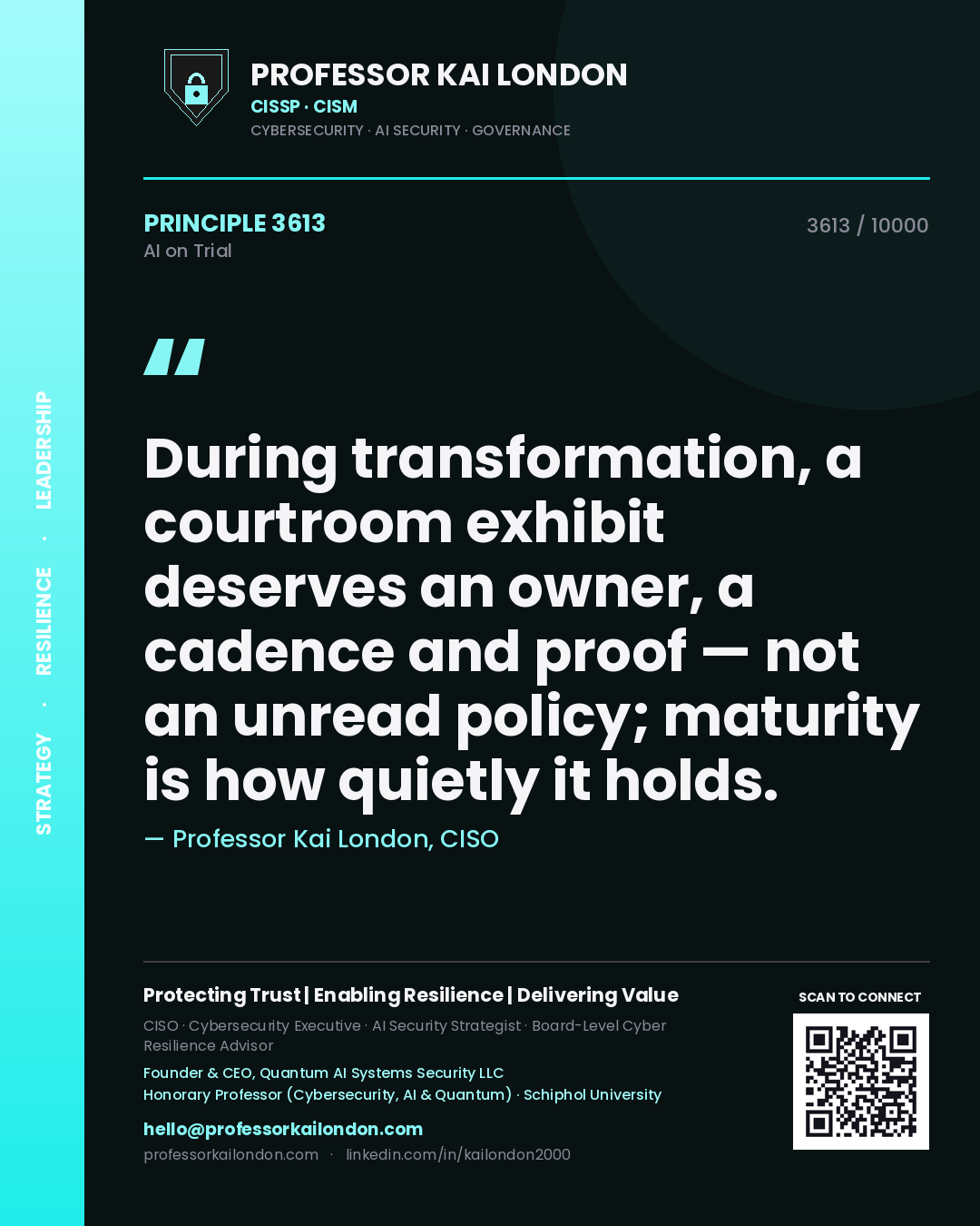 Professor Kai London principle 3613: During transformation, a courtroom exhibit deserves an owner, a cadence and proof — not an unread policy; maturity is how quietly it holds.