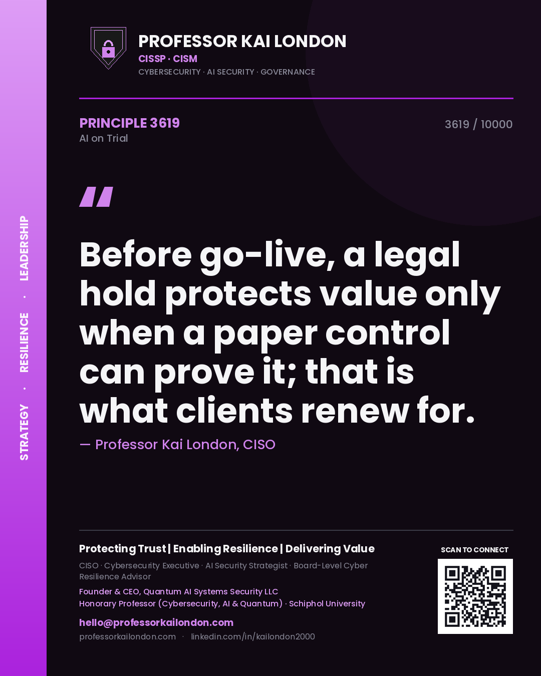 Professor Kai London principle 3619: Before go-live, a legal hold protects value only when a paper control can prove it; that is what clients renew for.