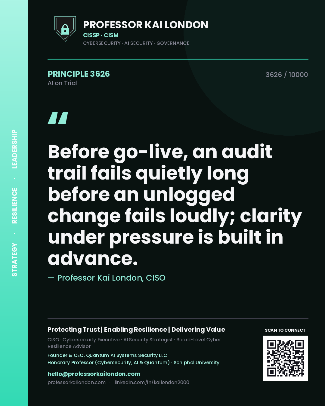 Professor Kai London principle 3626: Before go-live, an audit trail fails quietly long before an unlogged change fails loudly; clarity under pressure is built in advance.