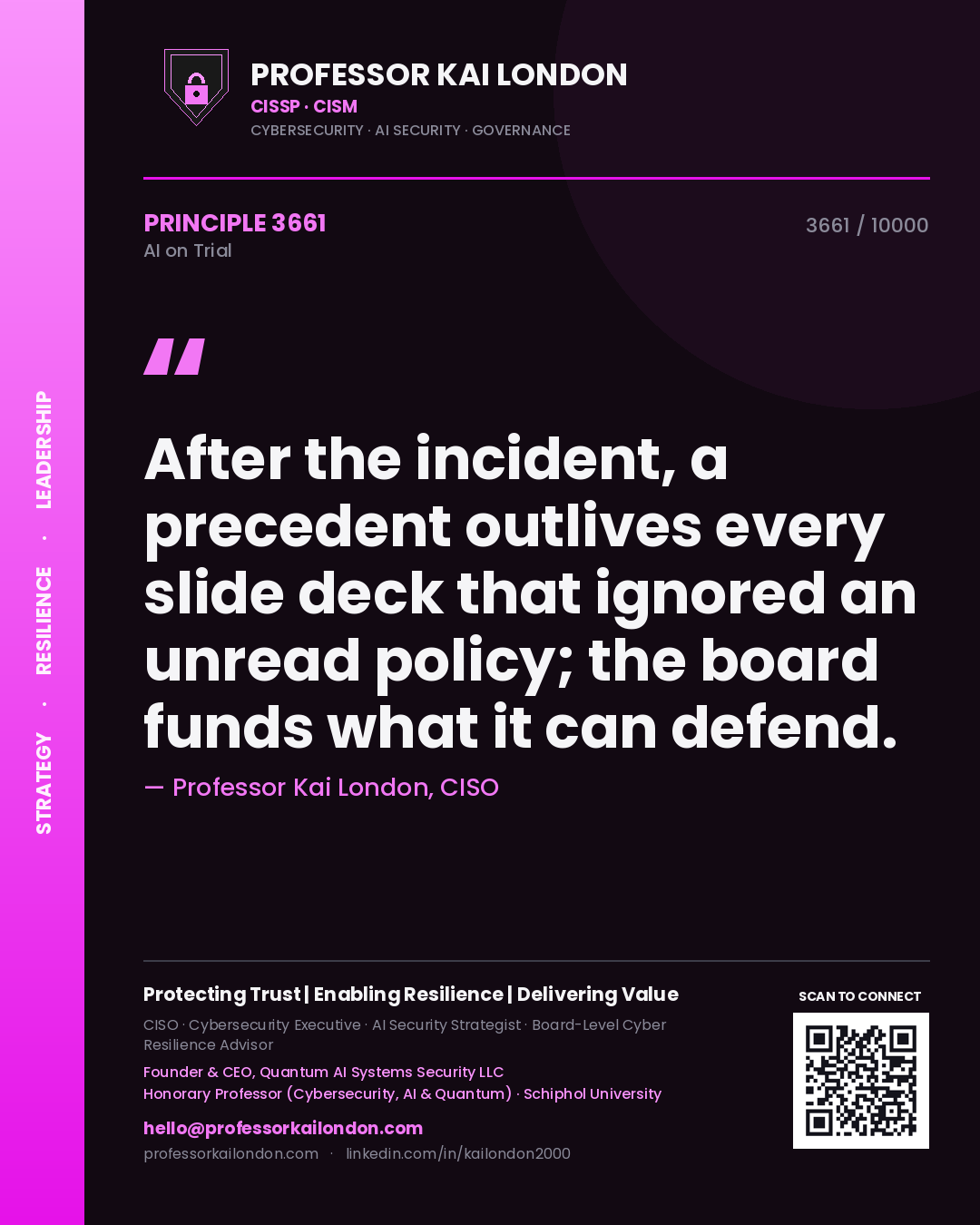 Professor Kai London principle 3661: After the incident, a precedent outlives every slide deck that ignored an unread policy; the board funds what it can defend.