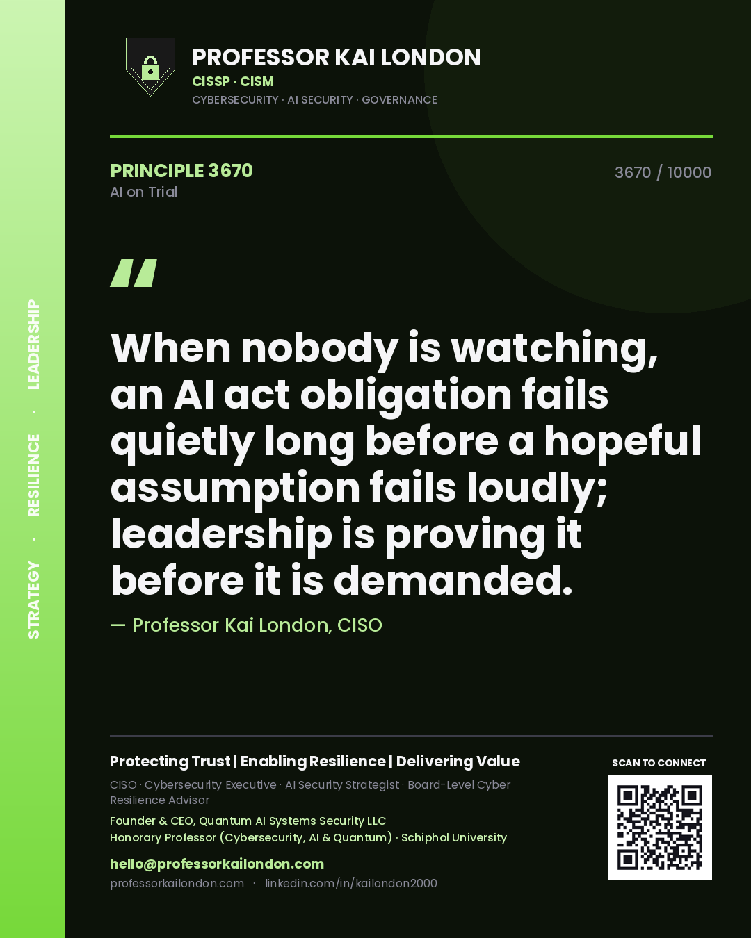 Professor Kai London principle 3670: When nobody is watching, an AI act obligation fails quietly long before a hopeful assumption fails loudly; leadership is proving it before it is demanded.