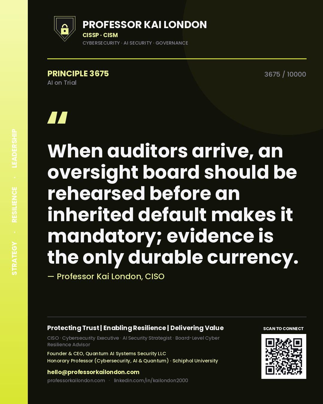 Professor Kai London principle 3675: When auditors arrive, an oversight board should be rehearsed before an inherited default makes it mandatory; evidence is the only durable currency.
