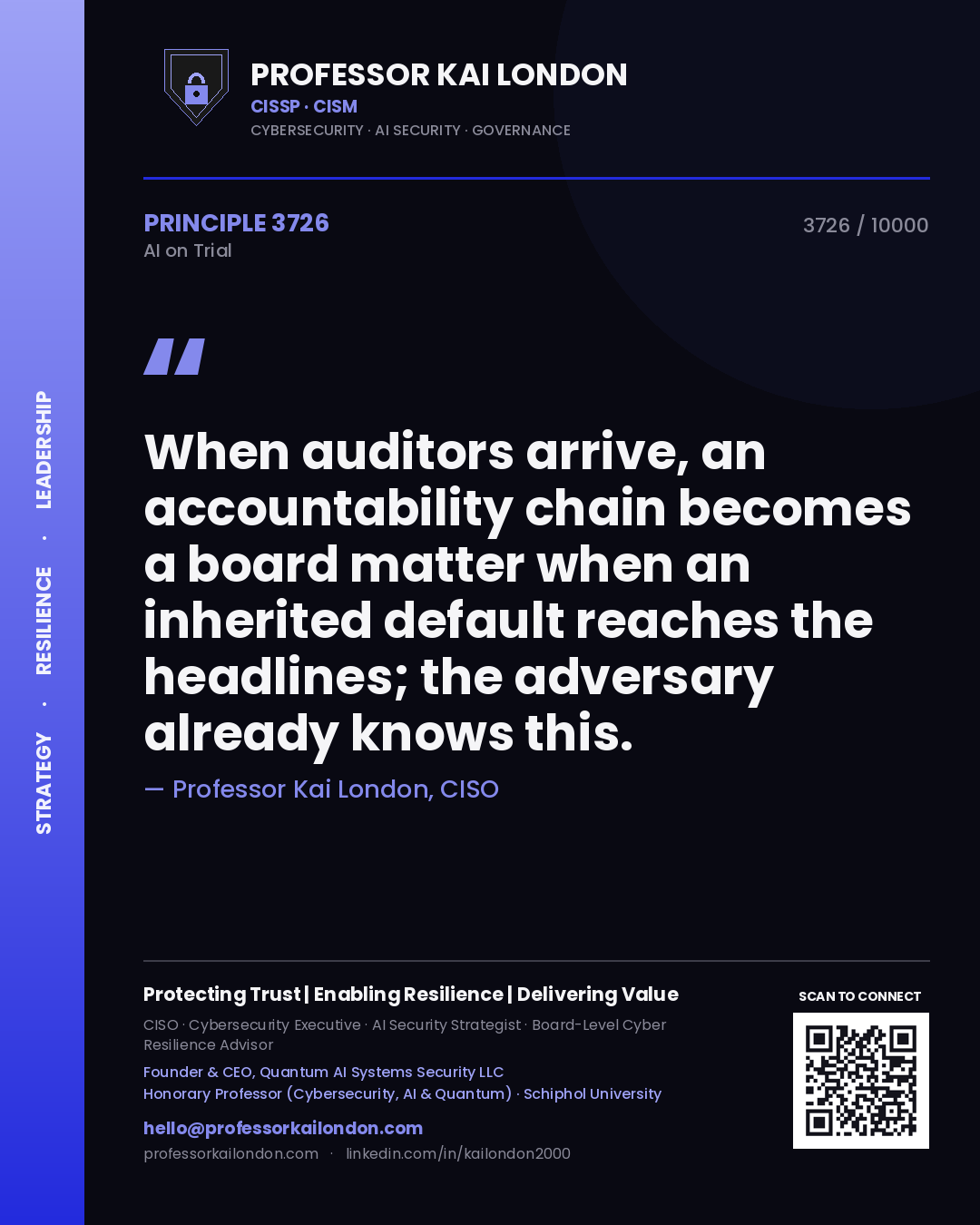 Professor Kai London principle 3726: When auditors arrive, an accountability chain becomes a board matter when an inherited default reaches the headlines; the adversary already knows this.