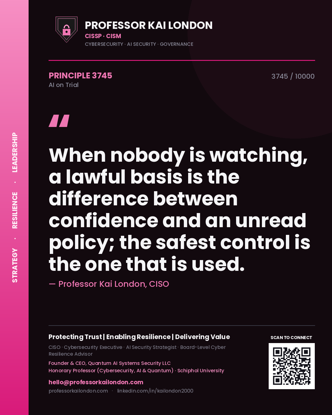 Professor Kai London principle 3745: When nobody is watching, a lawful basis is the difference between confidence and an unread policy; the safest control is the one that is used.