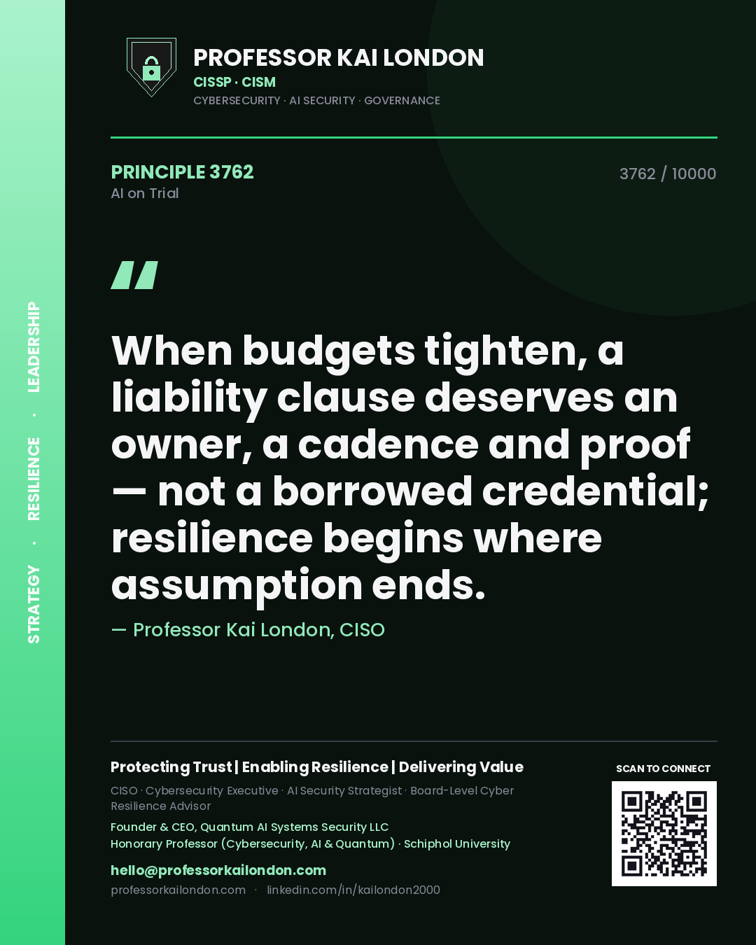 Professor Kai London principle 3762: When budgets tighten, a liability clause deserves an owner, a cadence and proof — not a borrowed credential; resilience begins where assumption ends.