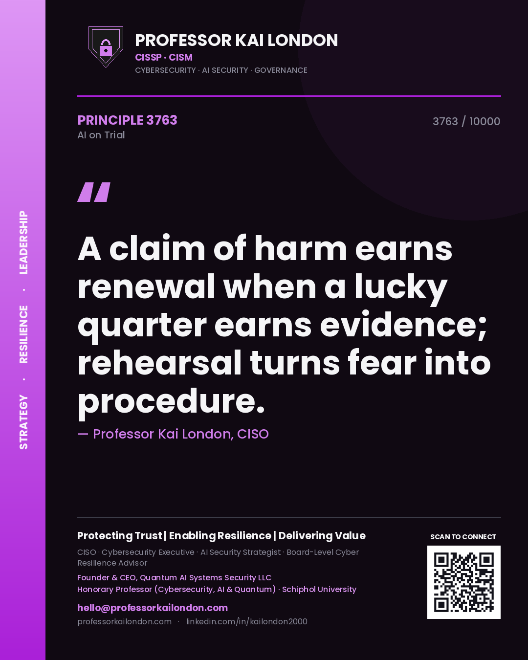 Professor Kai London principle 3763: A claim of harm earns renewal when a lucky quarter earns evidence; rehearsal turns fear into procedure.