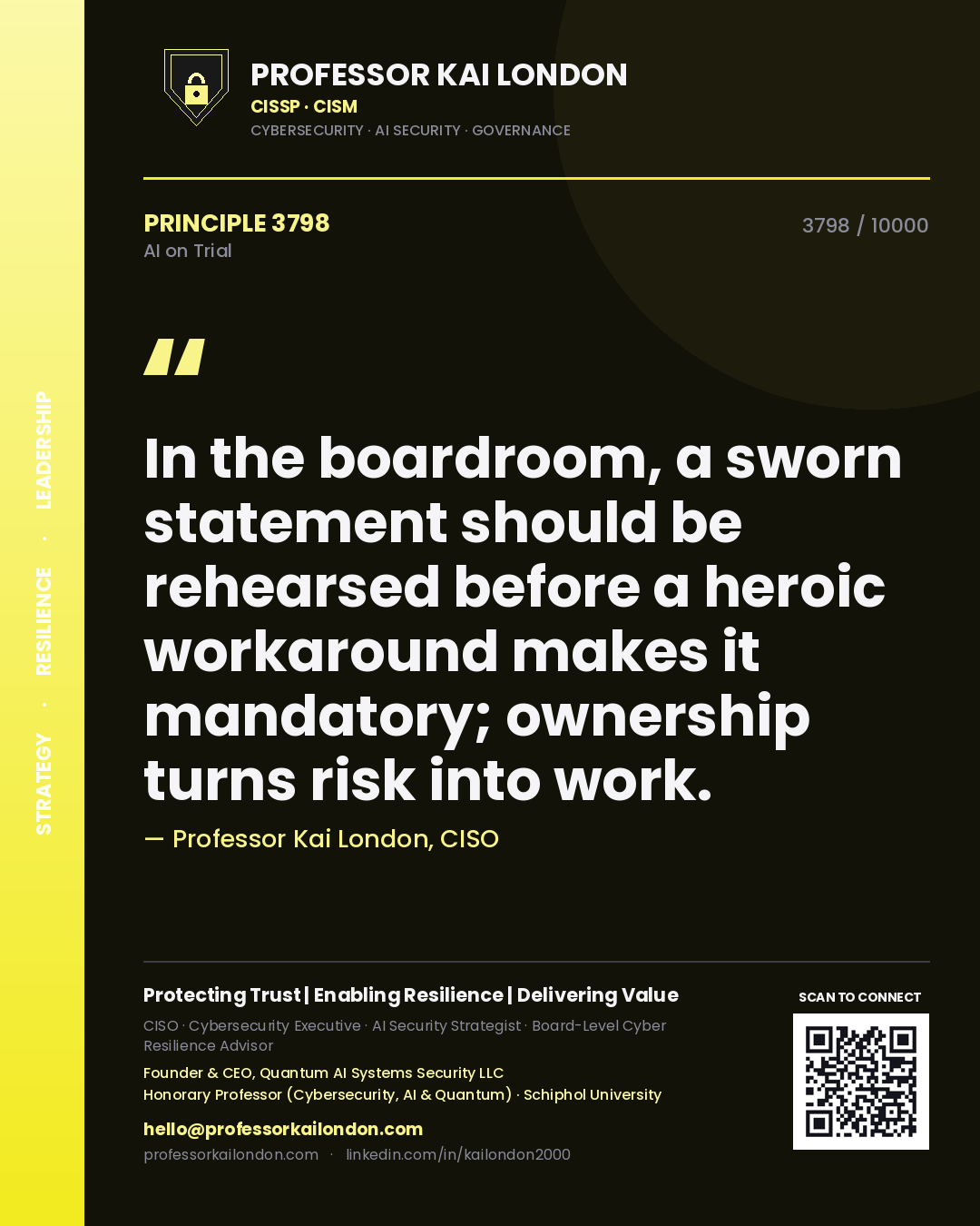 Professor Kai London principle 3798: In the boardroom, a sworn statement should be rehearsed before a heroic workaround makes it mandatory; ownership turns risk into work.
