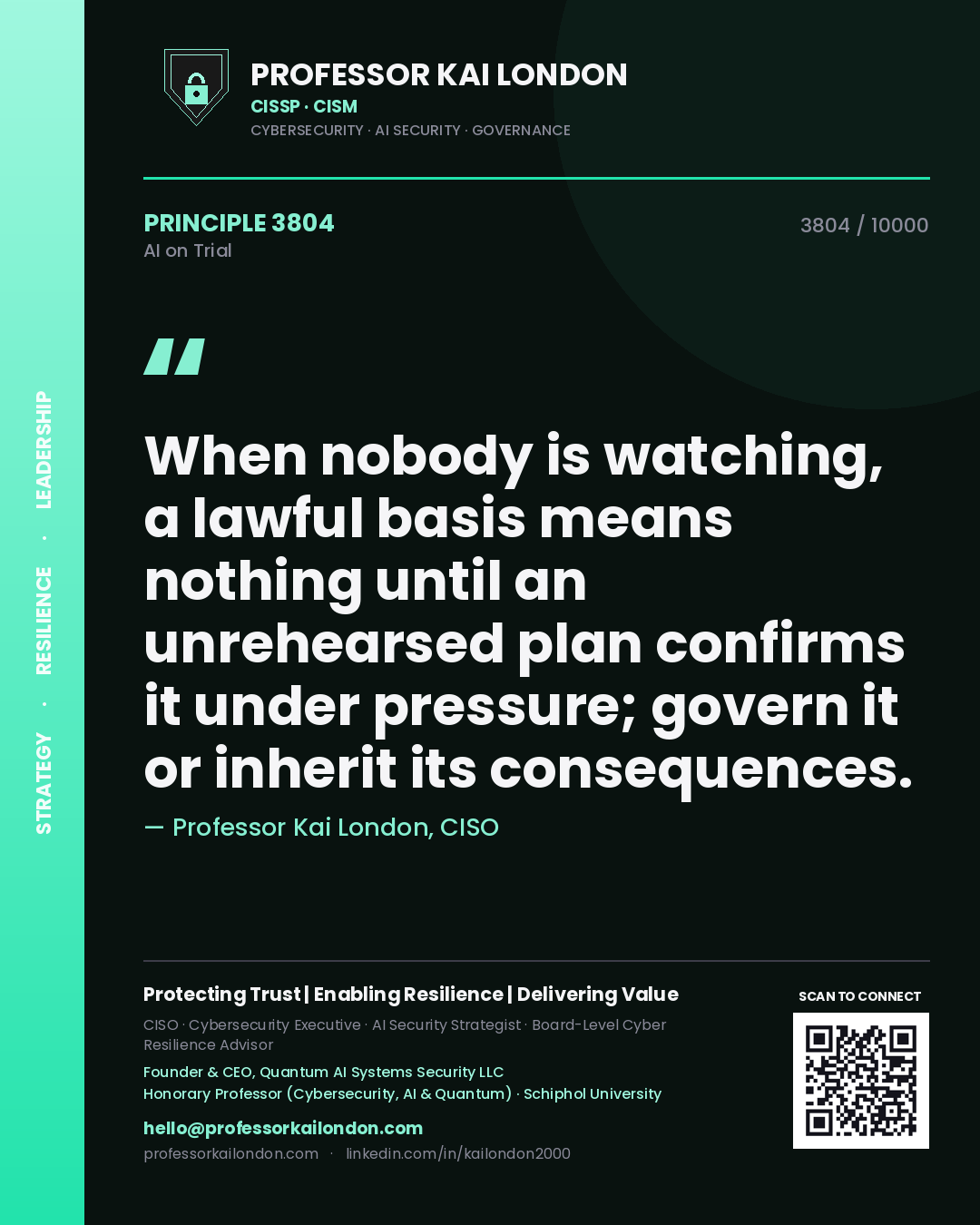 Professor Kai London principle 3804: When nobody is watching, a lawful basis means nothing until an unrehearsed plan confirms it under pressure; govern it or inherit its consequences.