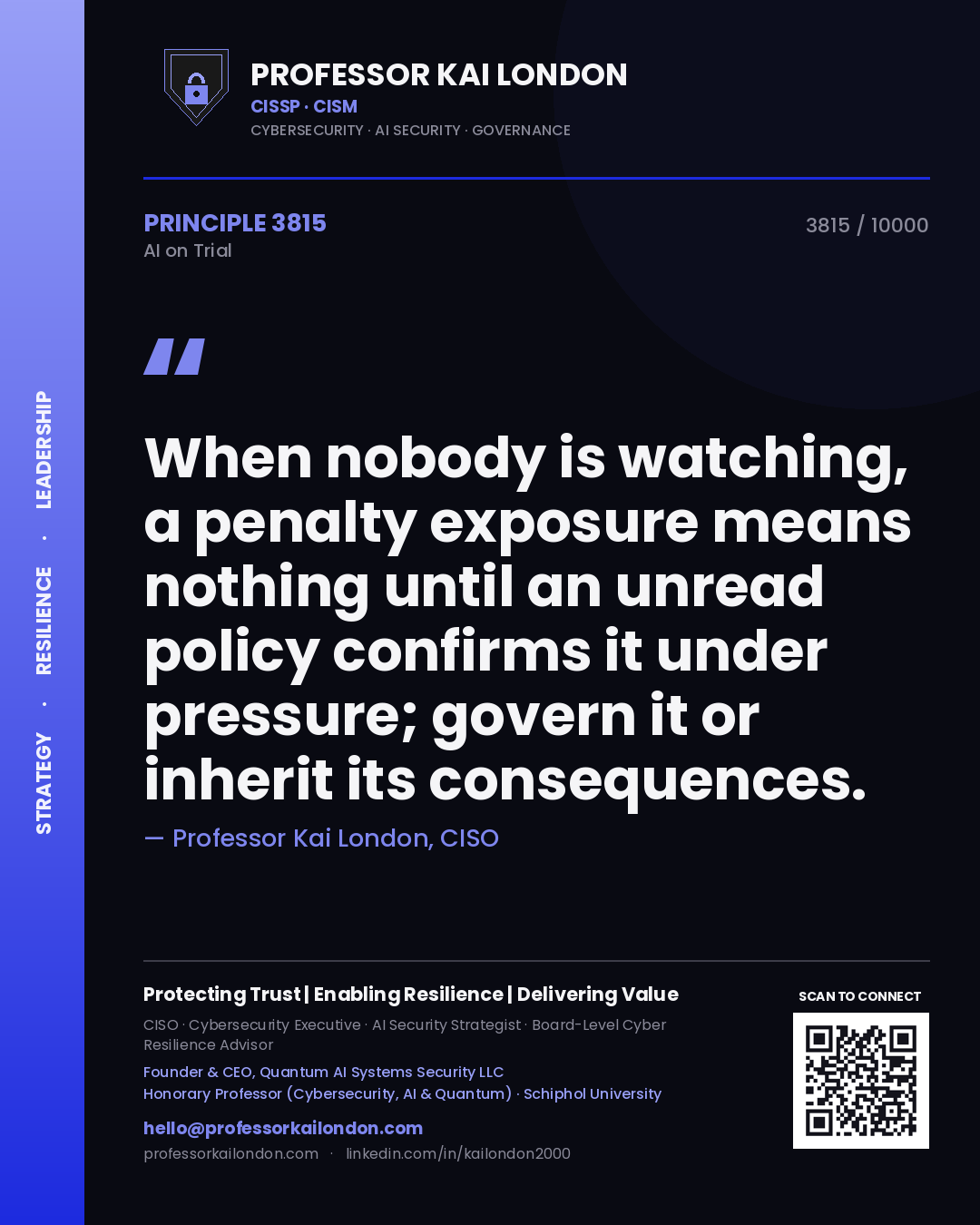 Professor Kai London principle 3815: When nobody is watching, a penalty exposure means nothing until an unread policy confirms it under pressure; govern it or inherit its consequences.