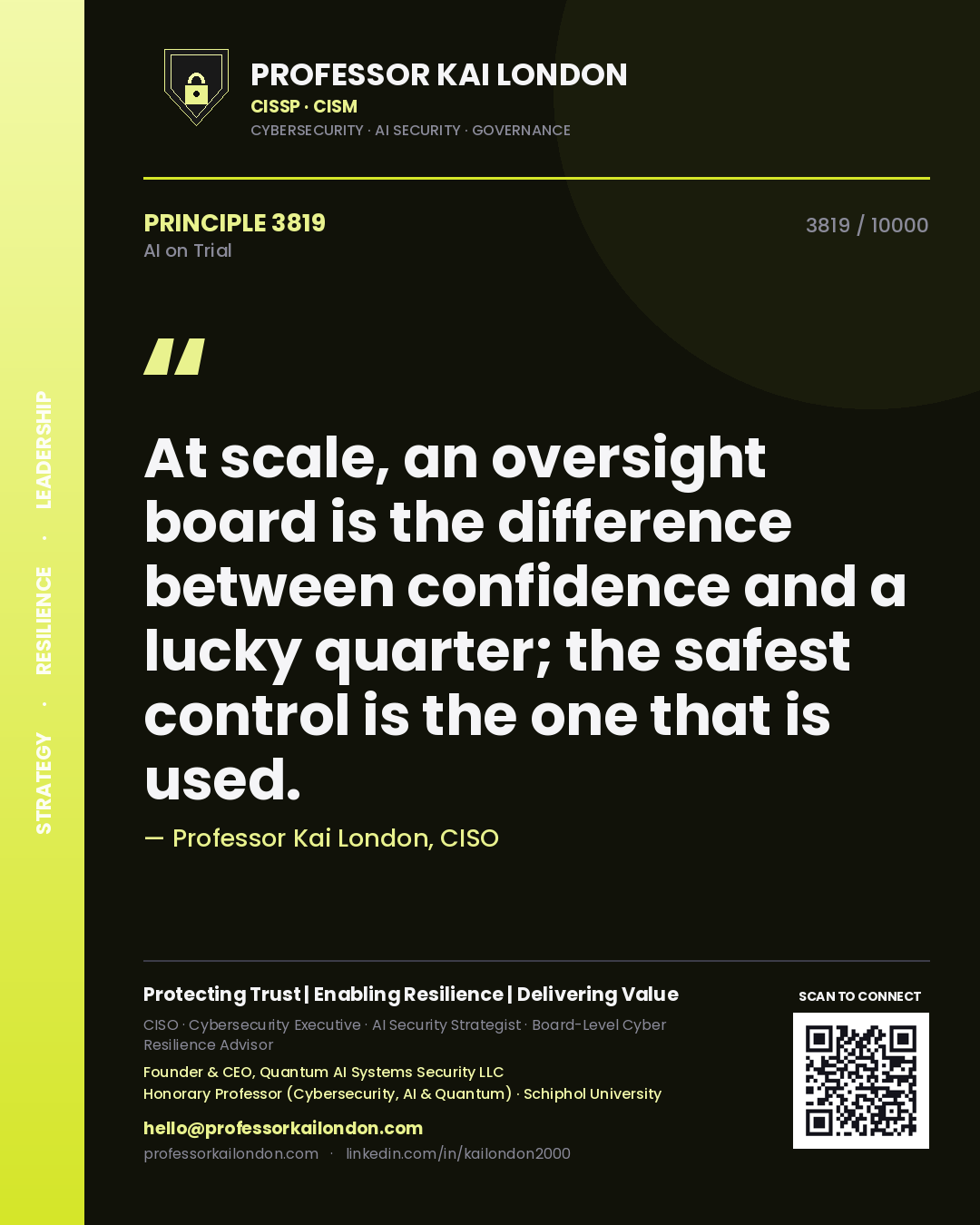 Professor Kai London principle 3819: At scale, an oversight board is the difference between confidence and a lucky quarter; the safest control is the one that is used.